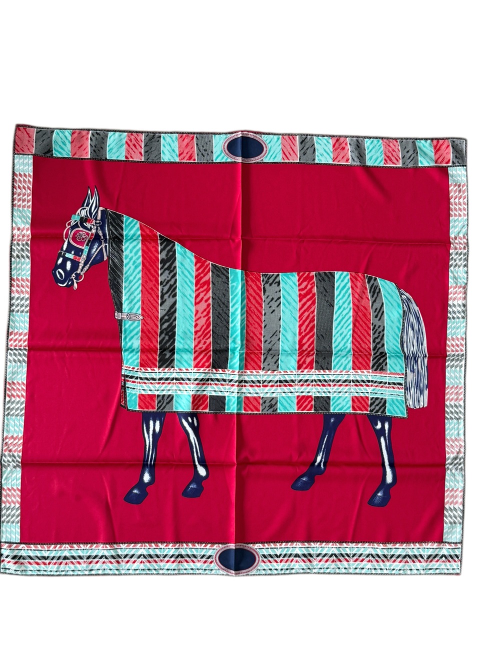 Luxury 90cm Silk Red Horse-Print Scarf with Teal & Black Stripes